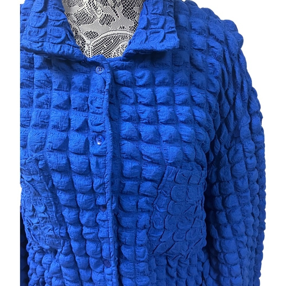 Y2k Coastal Statement Stretchy BAILEY ROSE Bubble Knit Shirt LARGE Electric Blue - Picture 5 of 10